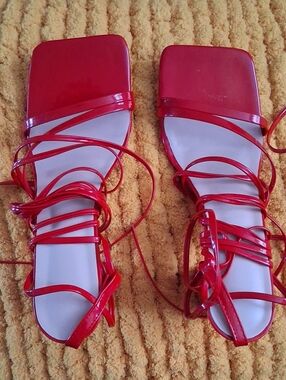 Women’s Red Strappy Square-Toe Lace-Up Sandals
